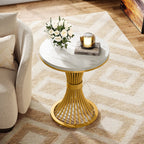 20" Round End Table with Faux Marble Top, White Side Table with Gold Metal Base