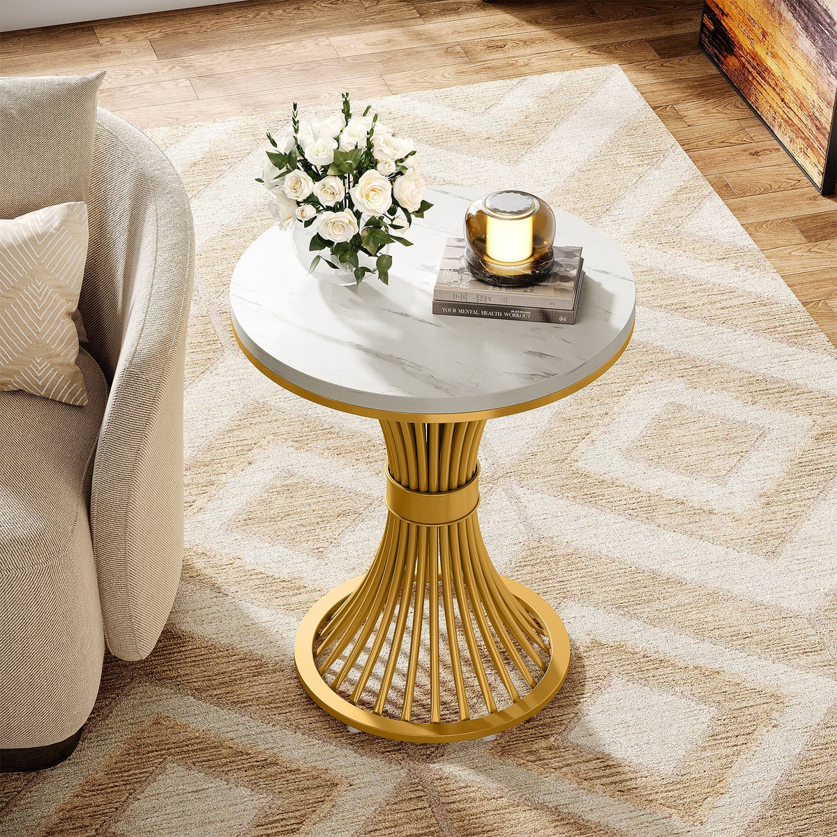 20" Round End Table with Faux Marble Top, White Side Table with Gold Metal Base