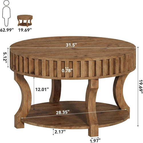 31.5" Round Coffee Table, Farmhouse 2-Tier Center Table with Storage for Living Room