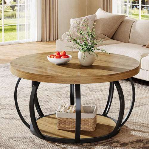 31.5" Round Coffee Table, Farmhouse Accent Center Table with 2-Tier Shelf#Color_Brown