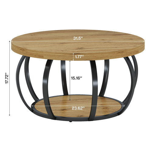 31.5" Round Coffee Table, Farmhouse Accent Center Table with 2-Tier Shelf#Color_Brown