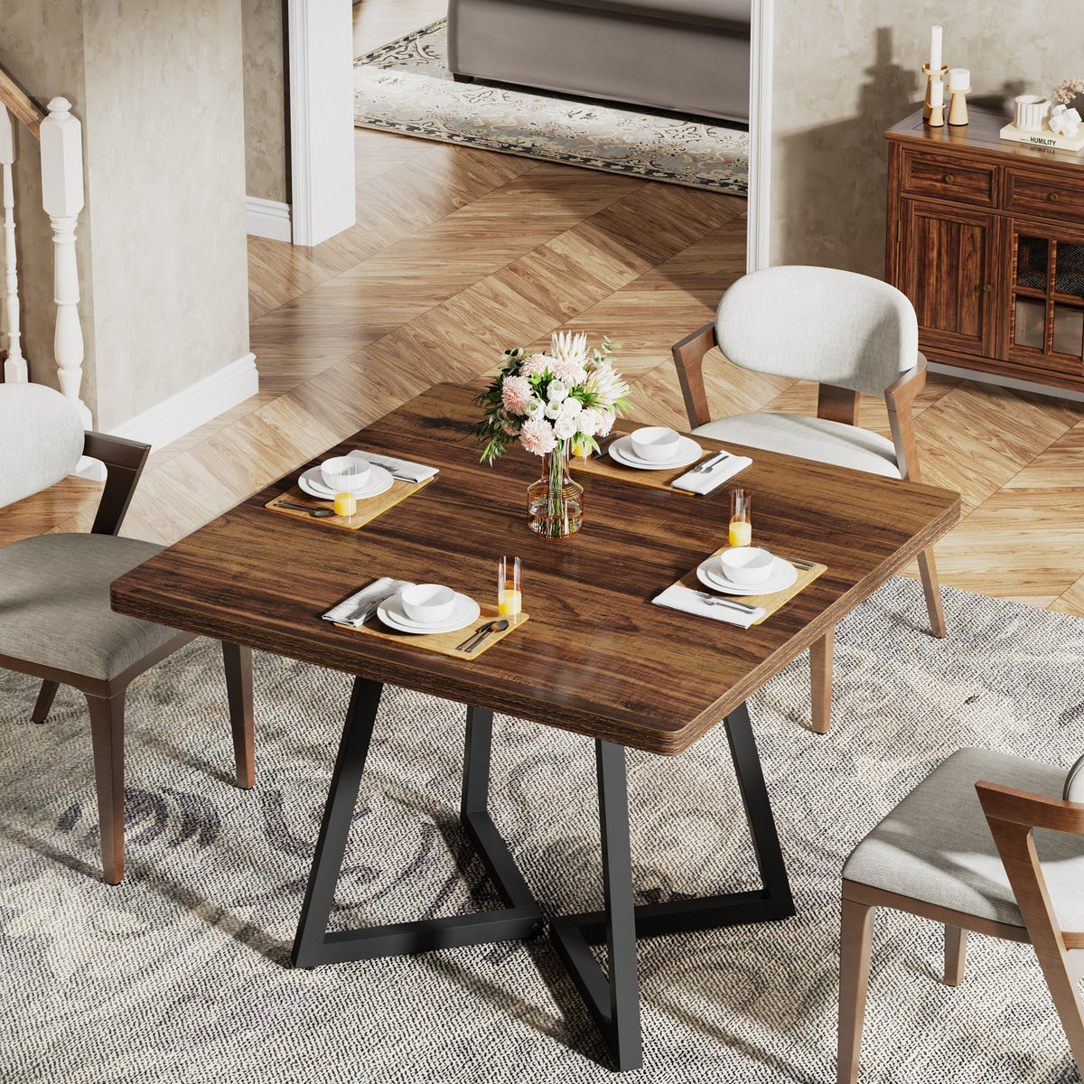 31.5-Inch Square Dining Table for 4, Compact Kitchen Table with Geometric Metal Base#Colour_Brown