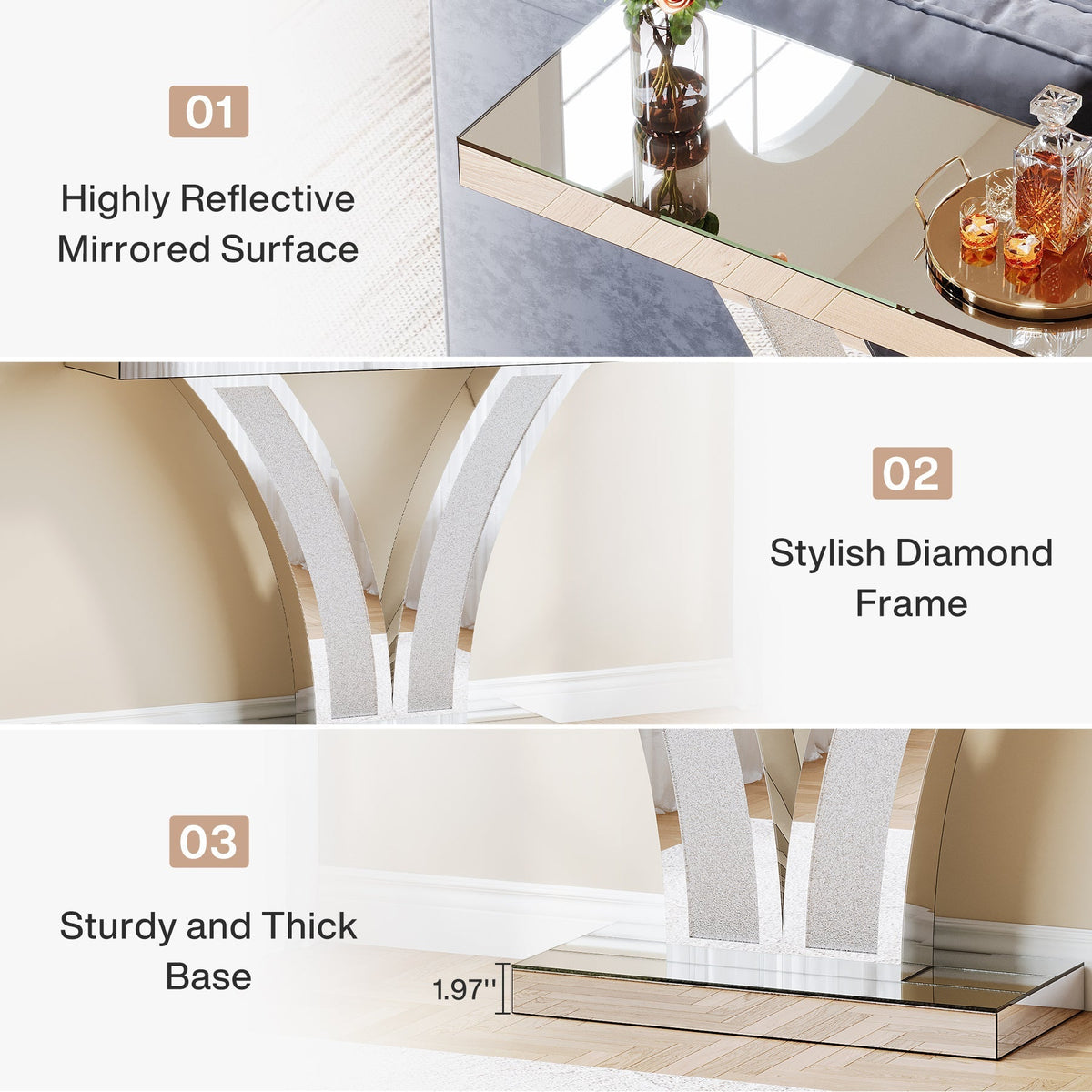 39" Mirrored Console Table, Modern Silver Entryway Table