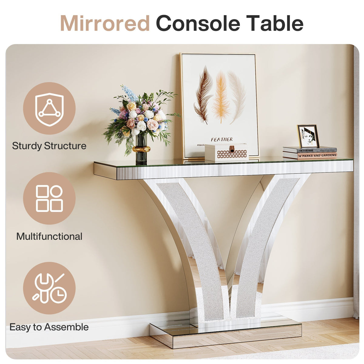 39" Mirrored Console Table, Modern Silver Entryway Table