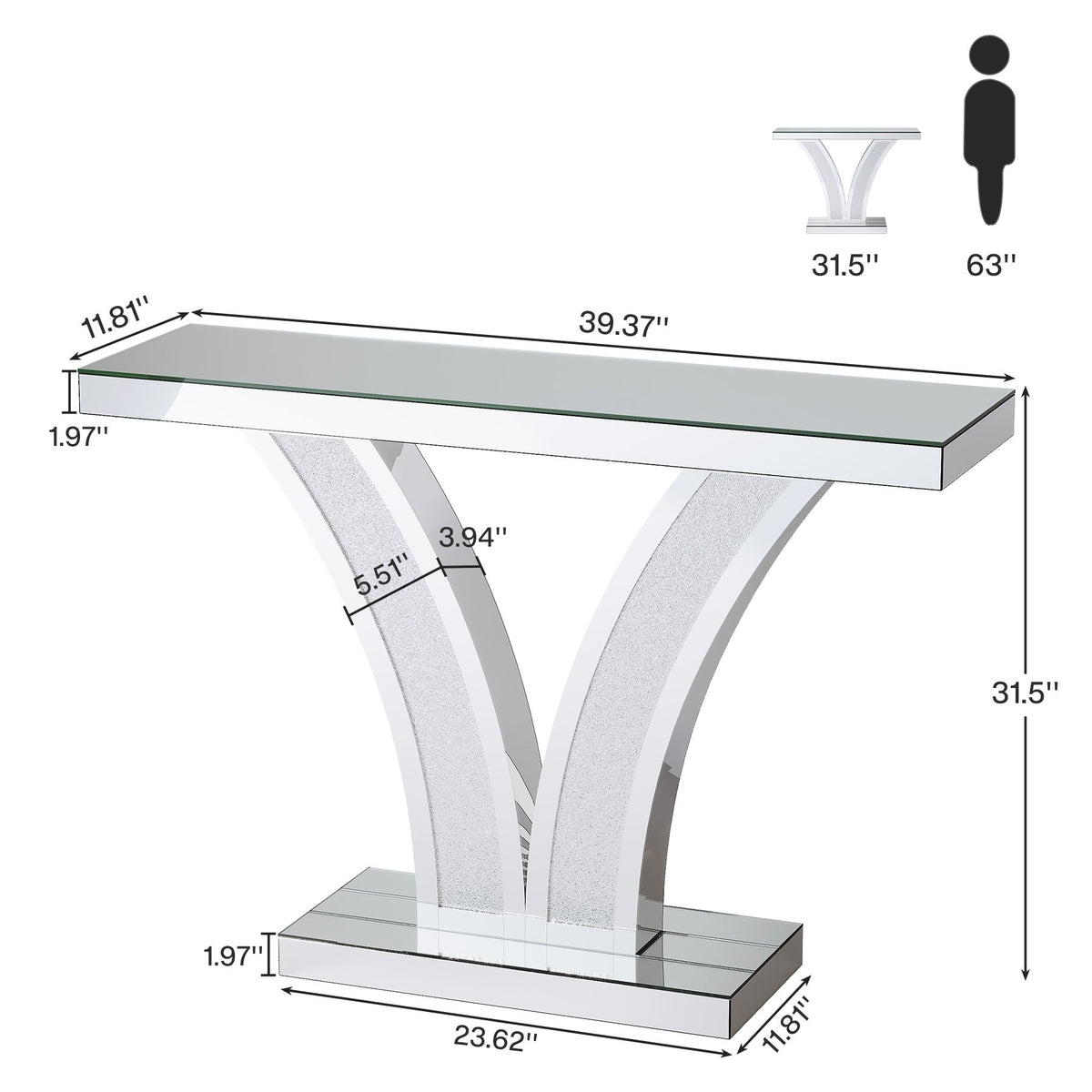 39" Mirrored Console Table, Modern Silver Entryway Table