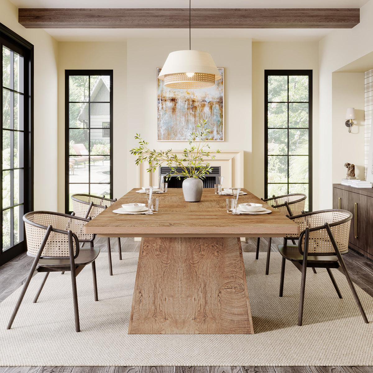 63 Inch Dining Table for 6, Farmhouse Rectangular Kitchen Table with Double Pedestal for Dining Room