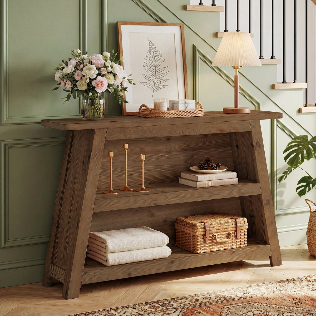 47.24-Inch Solid Wood Console Table, Farmhouse Entryway Table with 3-Tier Shelves