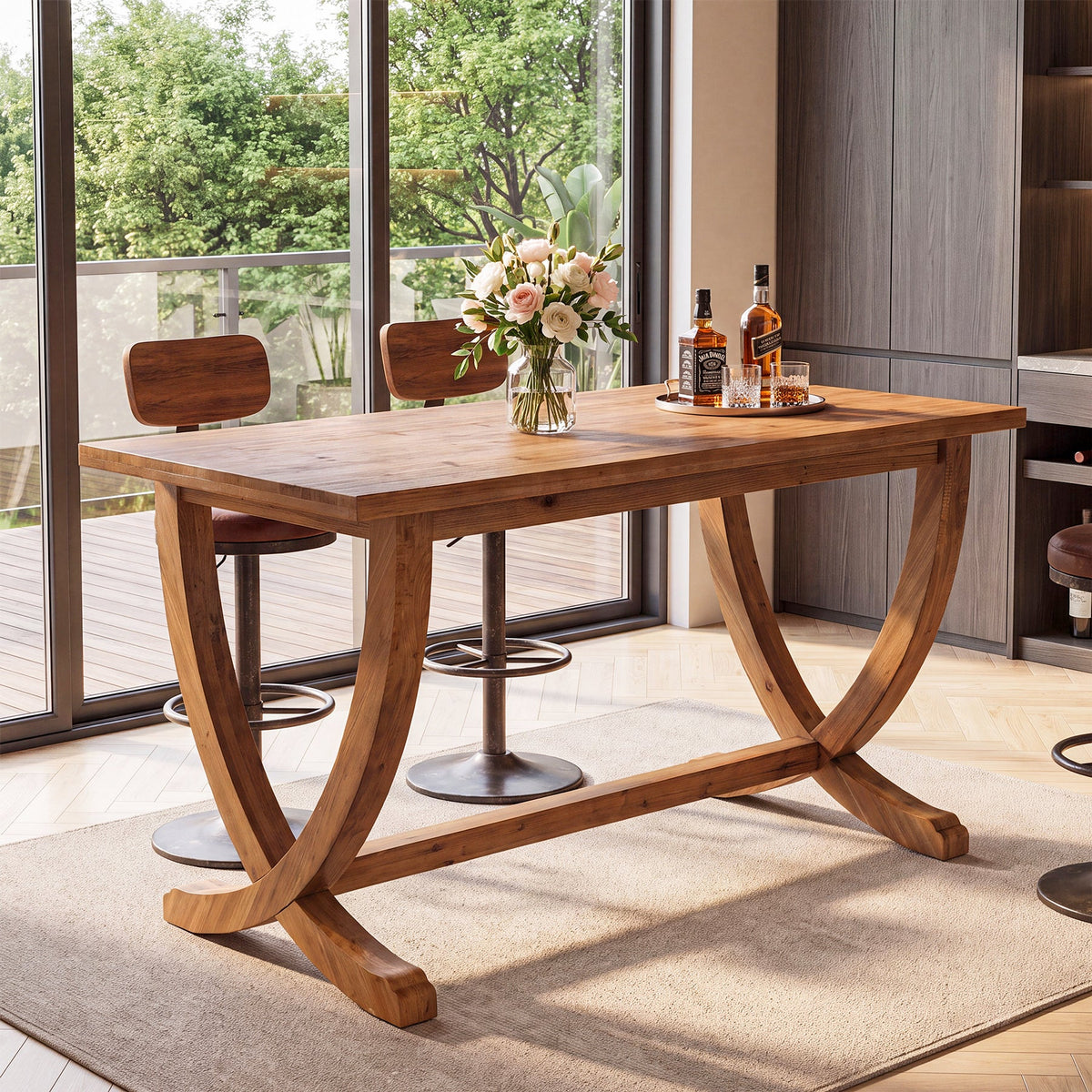59 Inch Solid Wood Counter Height Dining Table with Footrest, Farmhouse Bar Table for 4-6