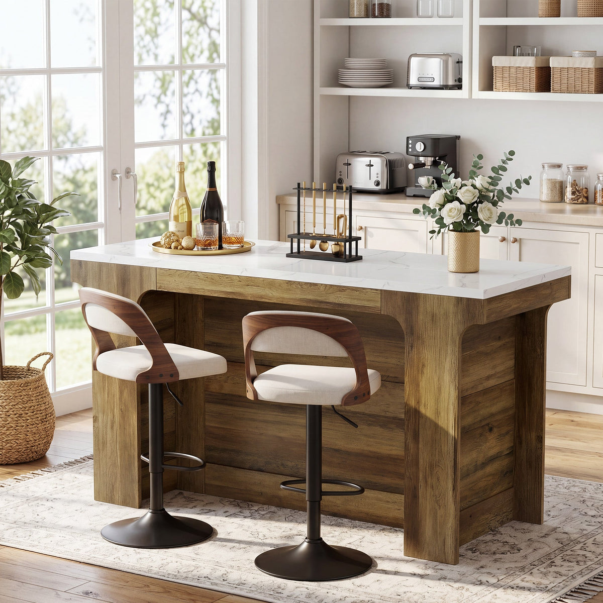59-Inch Bar Table with Faux Marble Top, Counter Height Table for Kitchen and Bistro