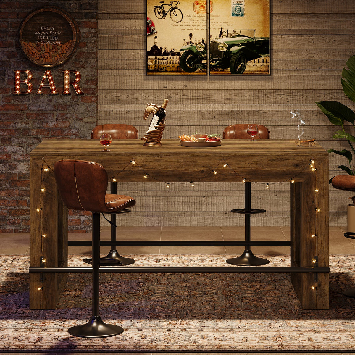 59-Inch Industrial Bar Table with Metal Footrest, Counter Height Pub Table for Kitchen