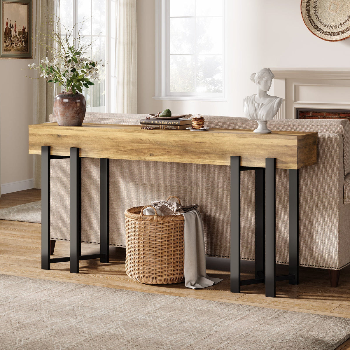 63" Industrial Console Table with Metal Frame, Wooden Sofa Table for Entryway and Living Room