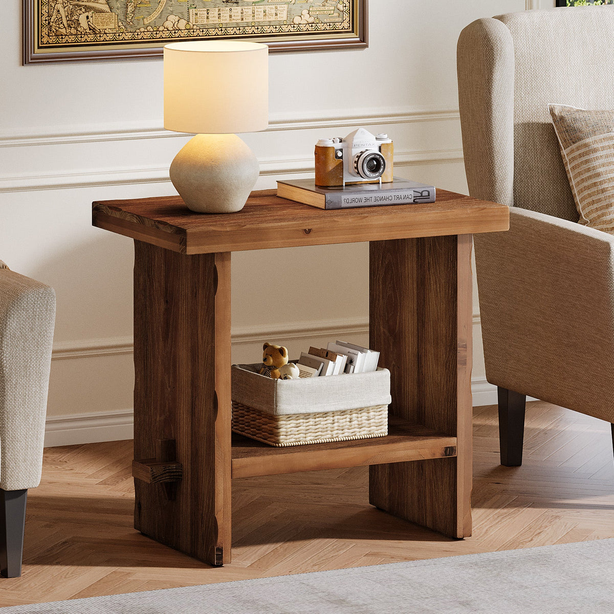 23.62 Inch Solid Wood Side Table with 2-Tier Storage, Farmhouse End Table for Bedroom