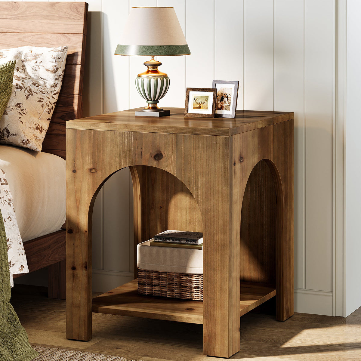 19.69-Inch Farmhouse Side Table with Arch Design, Wooden End Table for Living Room