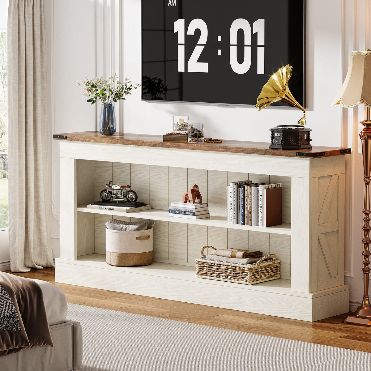 63-Inch Modern Farmhouse TV Stand with Storage, White Media Console for Living Room