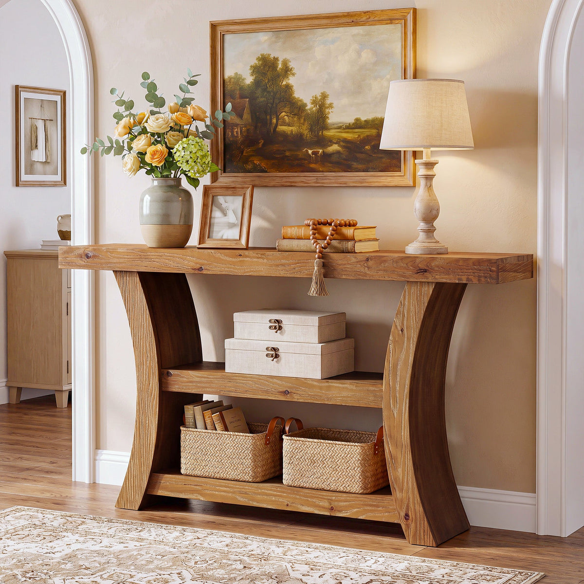 55-Inch Solid Wood Console Table with 3-Tier Storage, Curved Entryway Table for Hallway