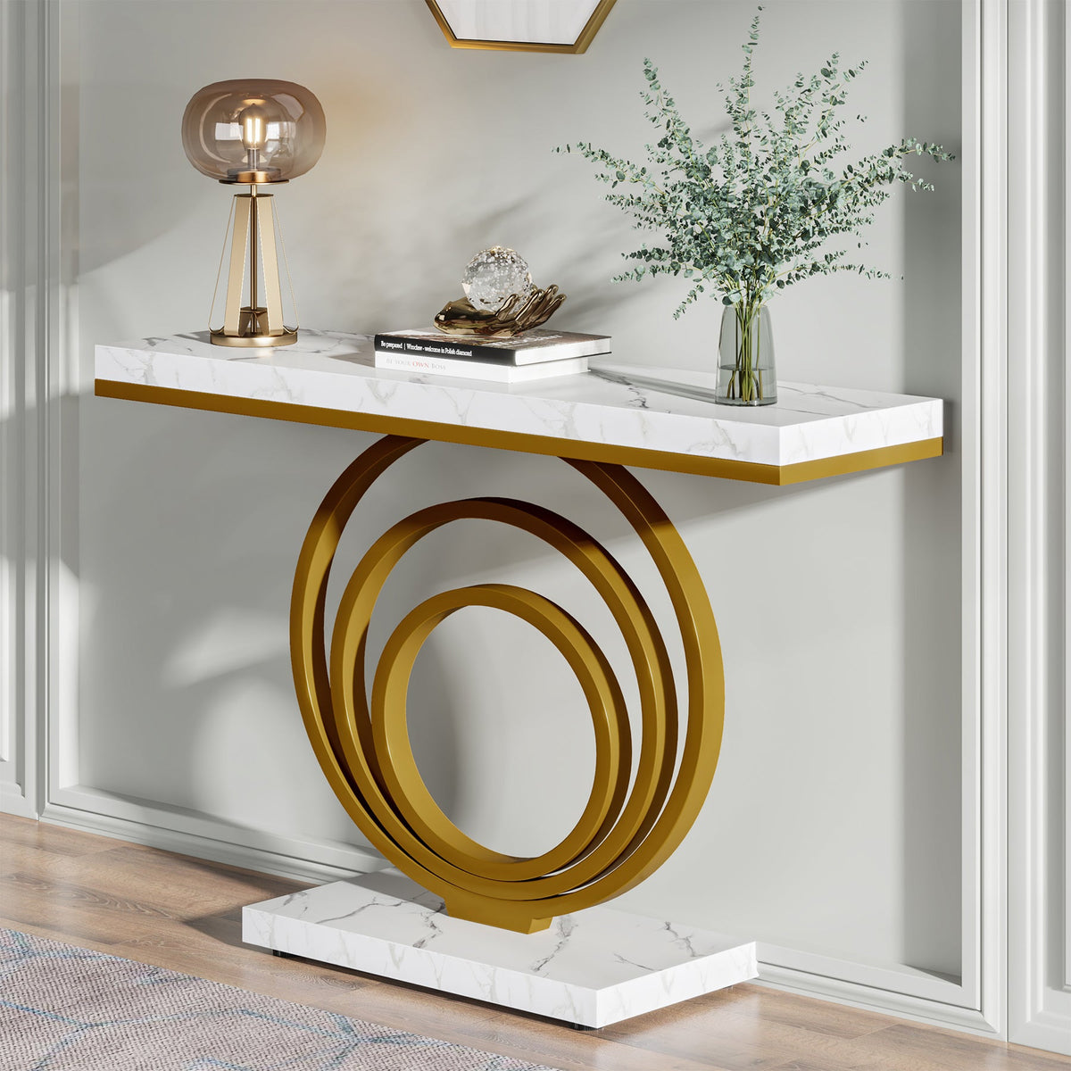 41.3-Inch Gold Console Table, Narrow Entryway Table with Faux Marble Veneer Top and Geometric Metal Frame for Hallway