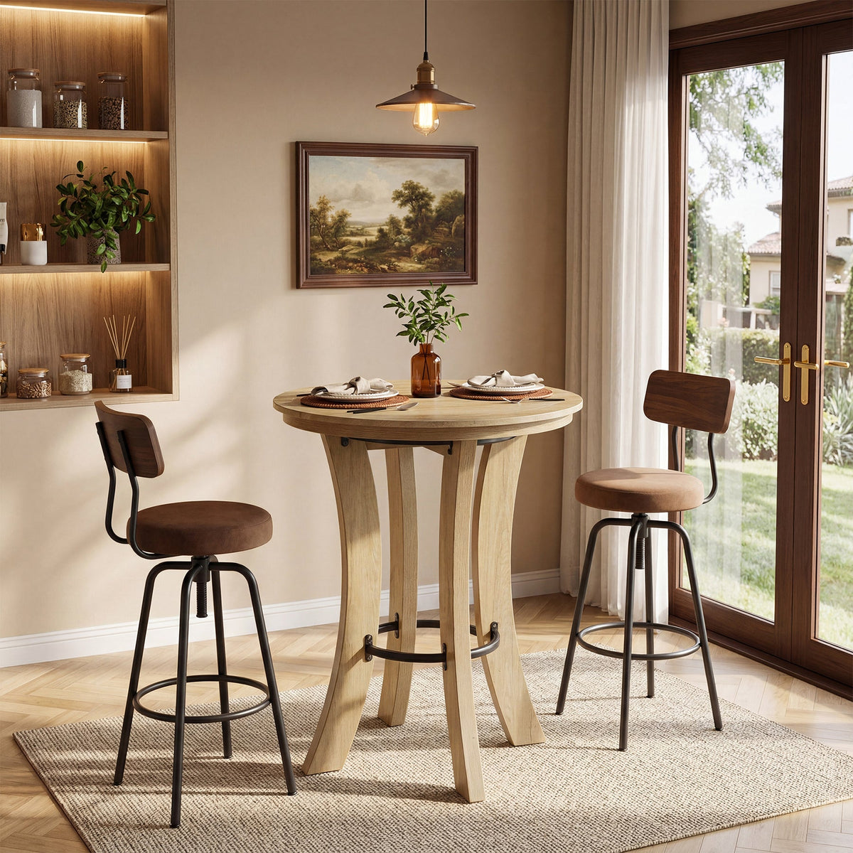 39.4-Inch High Round Bar Table with Curved Legs and Metal Footrest, Modern Pub Table for Kitchen and Coffee Bar