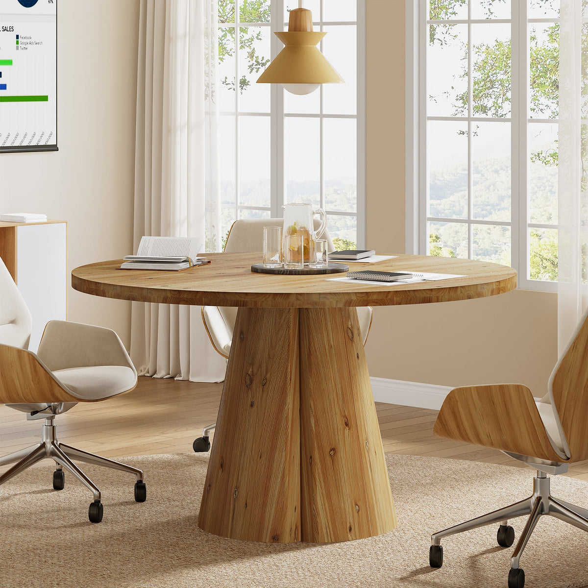 47.24-Inch Solid Wood Conference Table, Rustic Round Meeting Table with Pedestal Base for Office