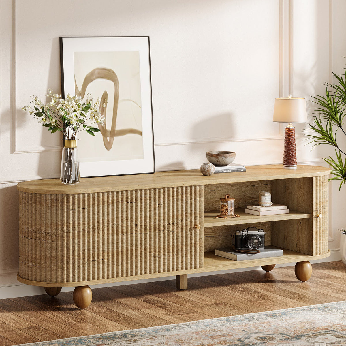 70.8-Inch Farmhouse Fluted TV Stand with Sliding Doors and Storage Shelves, Extra Long Media Console for 65 70 and 75 Inch TVs