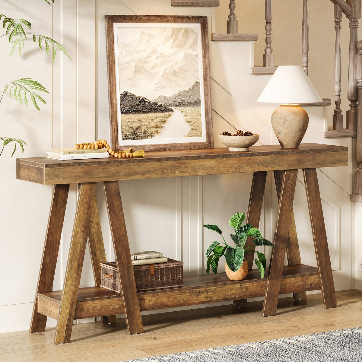 70.87-Inch Farmhouse Console Table with 2-Tier Storage and A-Shaped Frame, Narrow Entryway Sofa Table for Living Room and Foyer