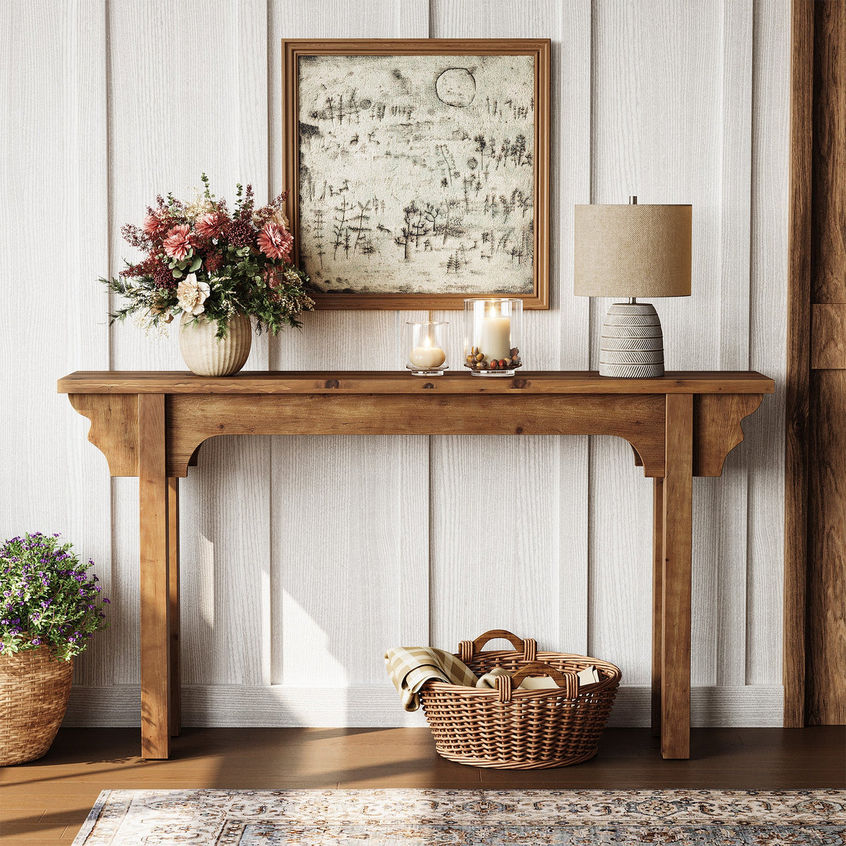 63-Inch Solid Wood Console Table with Unique Side Design, Farmhouse Narrow Sofa Table for Entryway