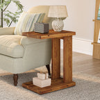 23.6" C-Shaped End Table, Solid Wood 2-Tier Side Table for Sofa and Living Room