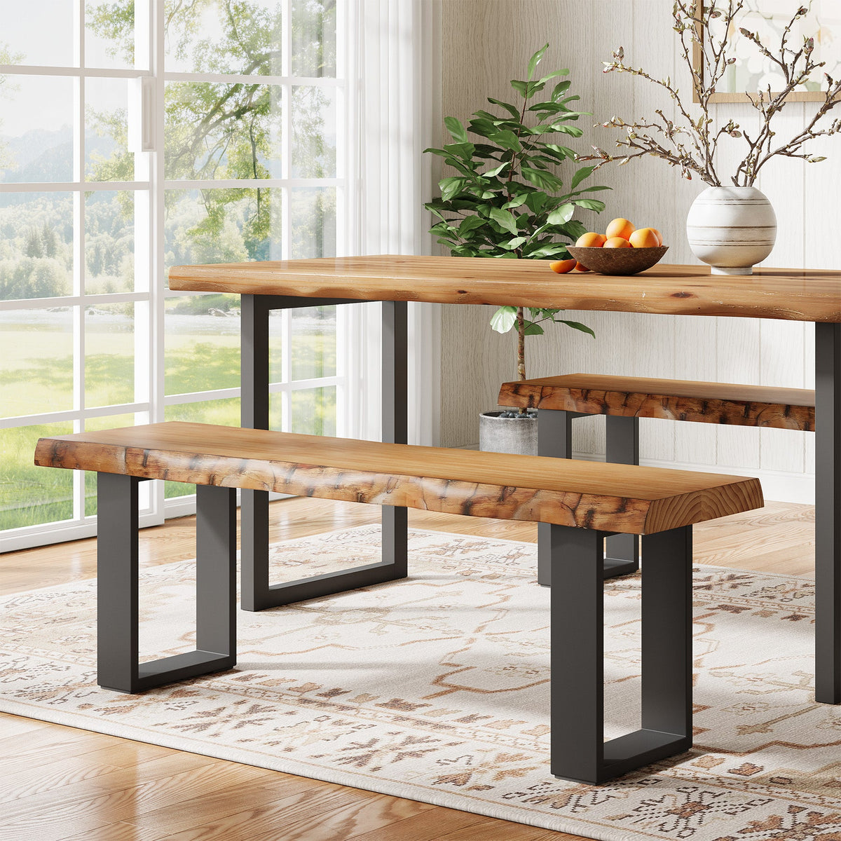 47.24-Inch Industrial Entryway Bench with Solid Wood Seat, Narrow Shoe Bench for Bedroom and Hallway