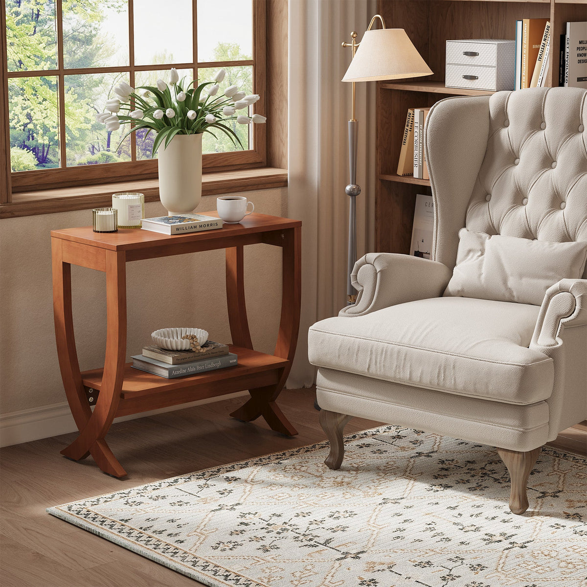 23.62" Small Solid Wood Side Table with Arched Legs, 2-Tier End Table for Sofa Side