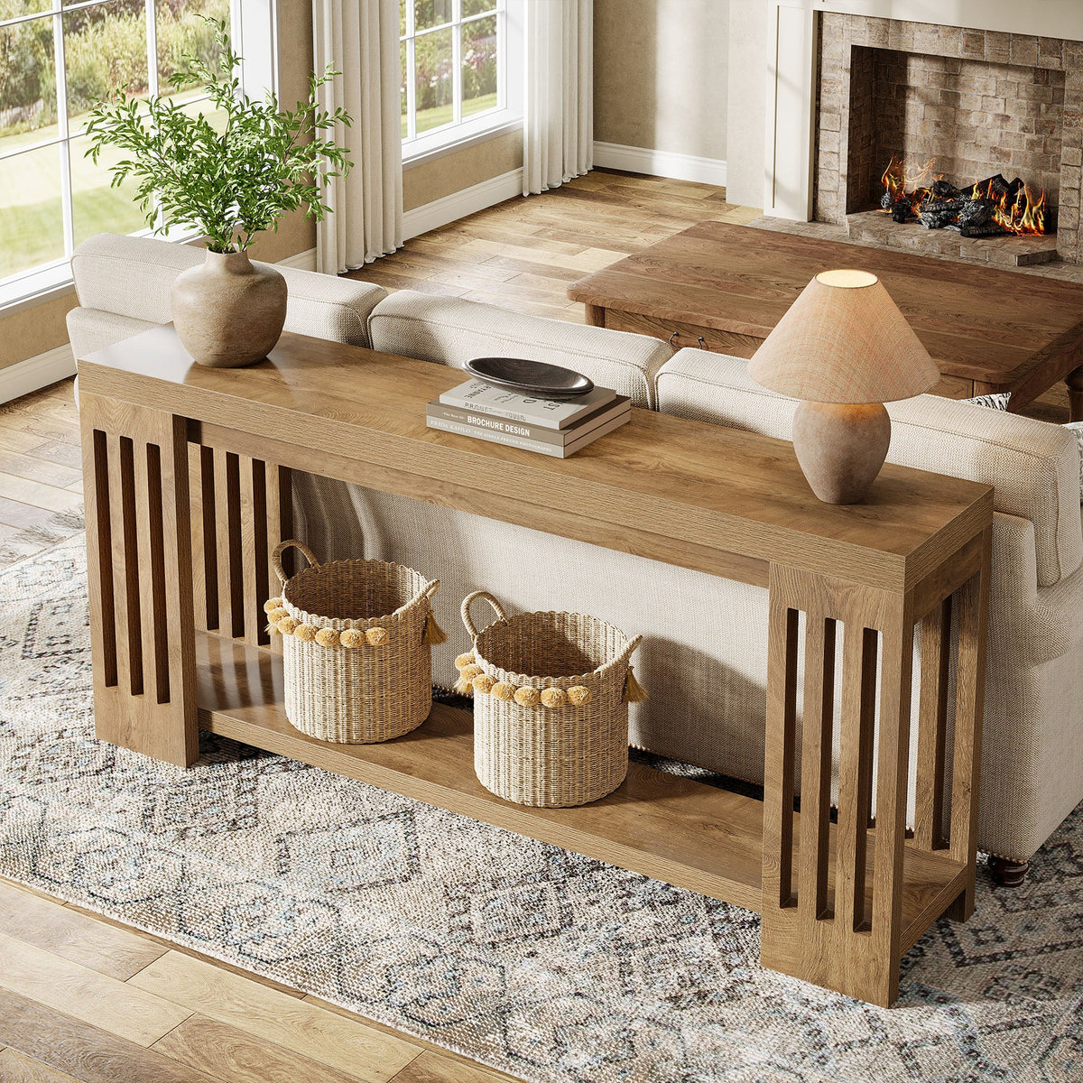 70.9-Inch Farmhouse Console Table with Vertical Stripe Legs, 2-Tier Sofa Table for Living Room