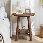 Round Side Table with 2-Tier Storage Shelf, Solid Wood End Table for Small Spaces