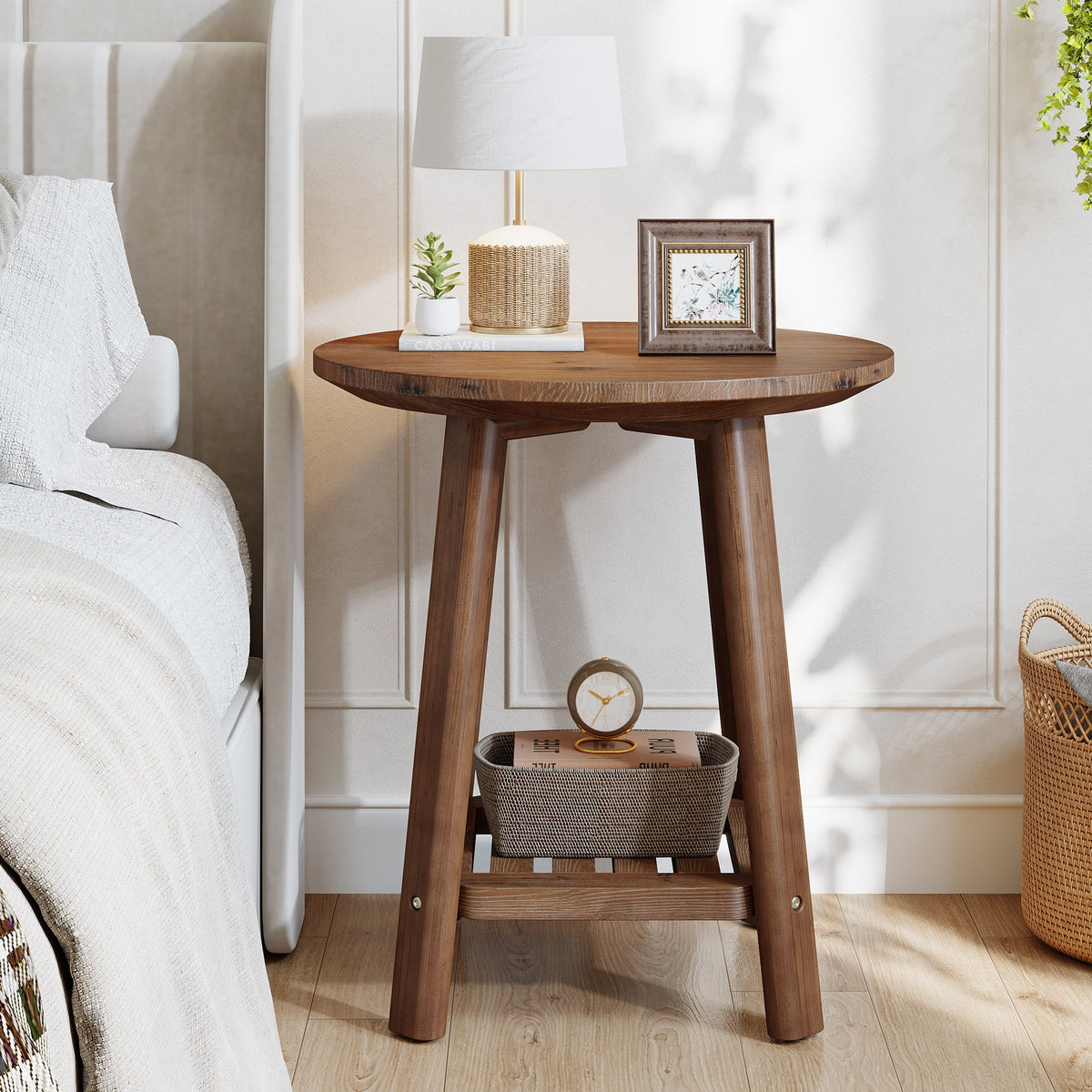Round Side Table with 2-Tier Storage Shelf, Solid Wood End Table for Small Spaces