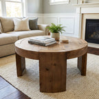 31.5 Inch Solid Wood Round Coffee Table with Integrated Tabletop, Farmhouse Center Table for Living Room