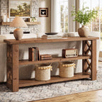 63 Inch Solid Wood Console Table with X-Frame, 3-Tier Hallway Table for Living Room