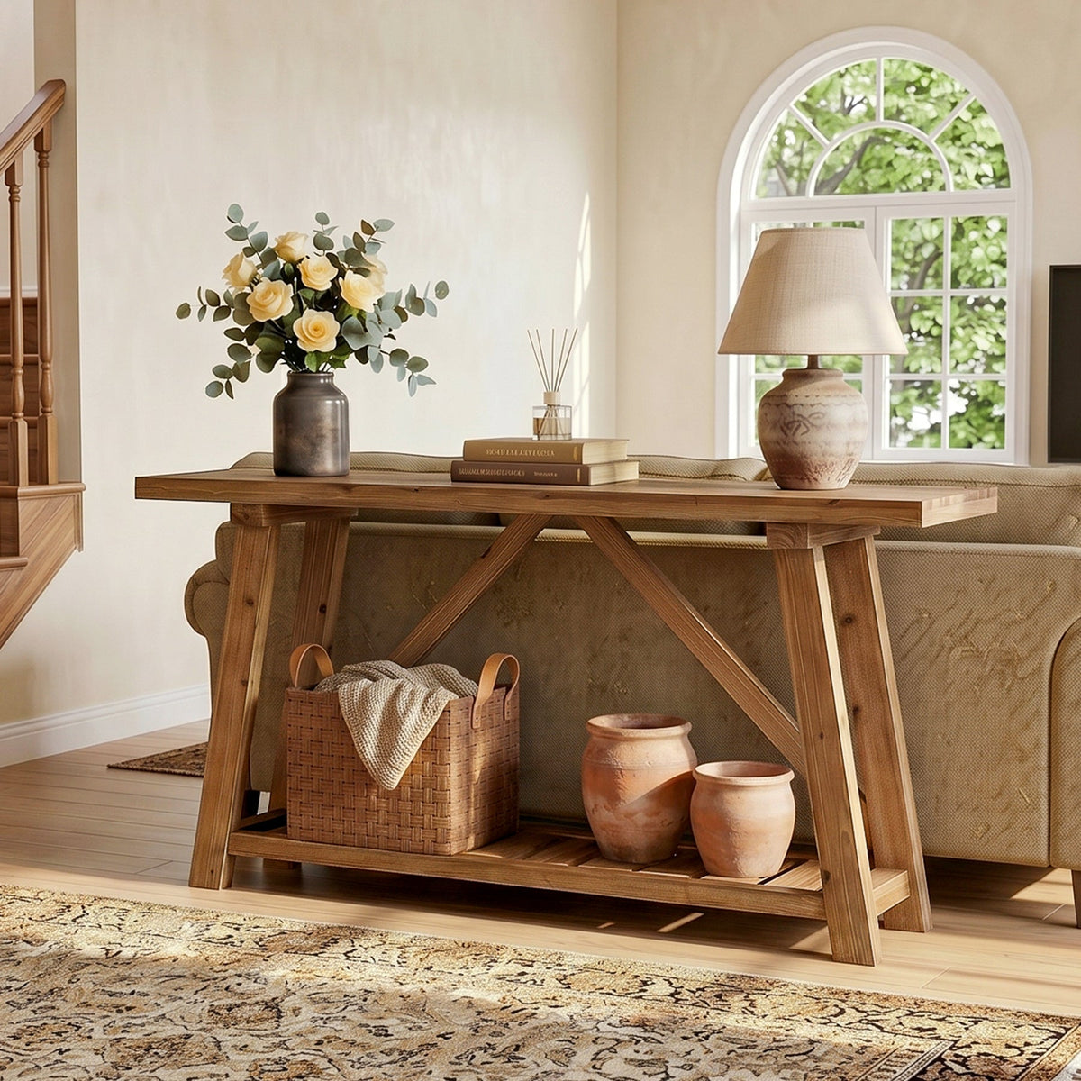 62.99-Inch Solid Wood Console Table, Narrow Design with Storage Shelf for Entryway Living Room and Hallway
