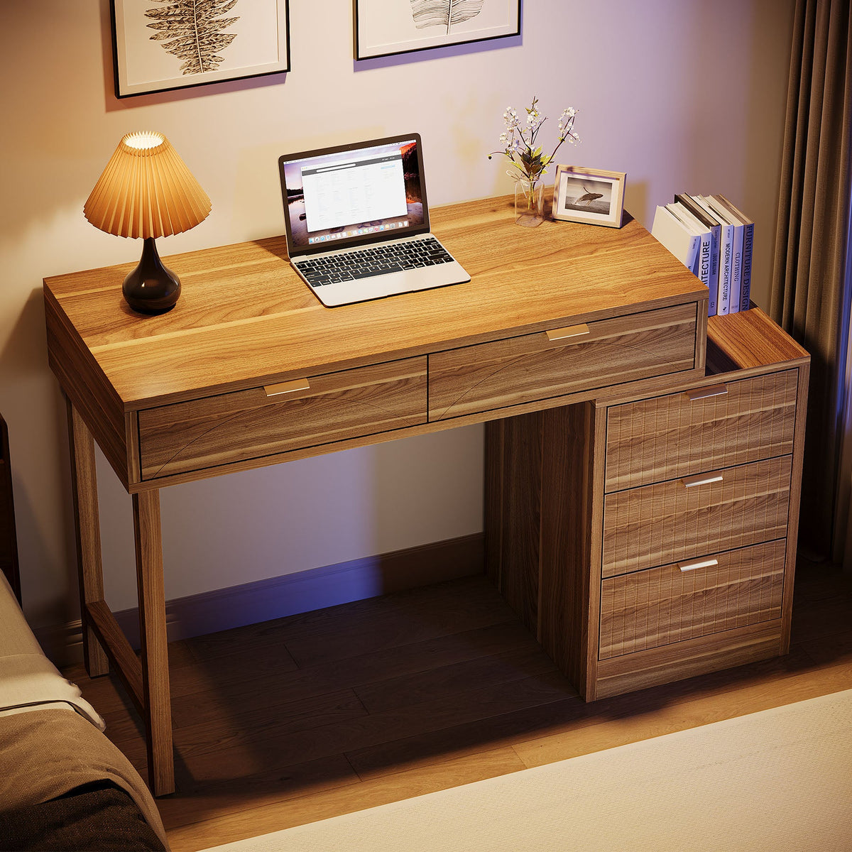 Reversible Computer Desk with 5 Drawers, Small Writing Desk for Home Office and Bedroom