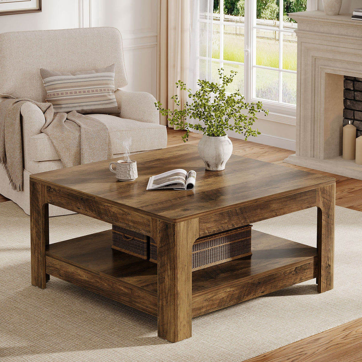 39.4-Inch Square Coffee Table, Large Farmhouse Center Table with Storage Shelf for Living Room