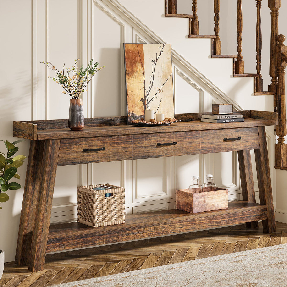 70.9 Inch Extra Long Console Table with 3 Drawers, 2-Tier Sofa Table for Living Room