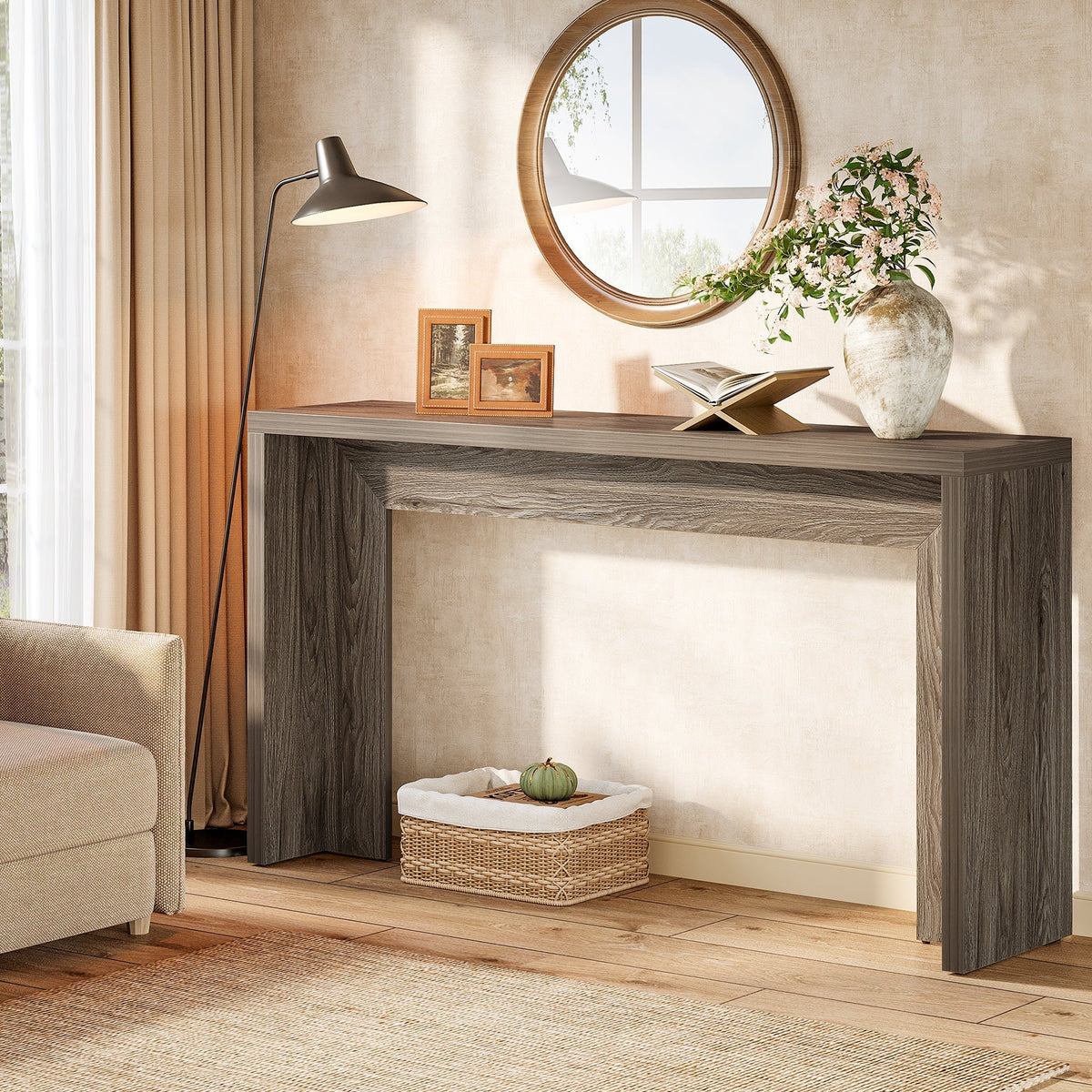 55-Inch Farmhouse Console Table with Storage, Narrow Wooden Entryway Sofa Table