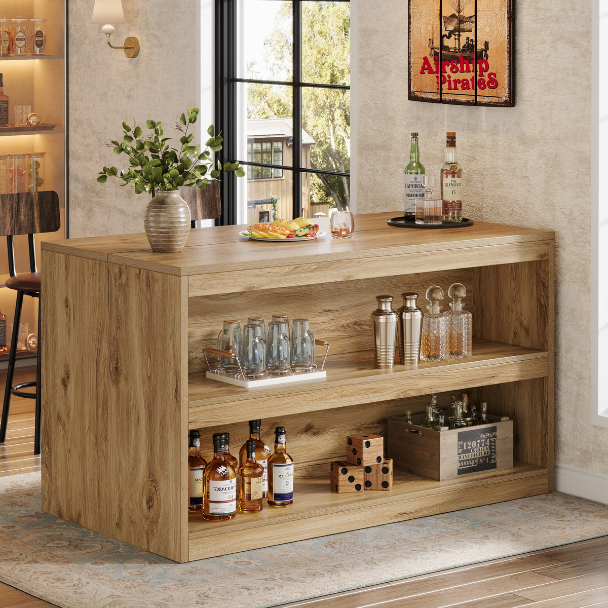 59 Inch Home Bar Table with 2-Tier Shelves, Farmhouse Pub Table for Kitchen and Bistro