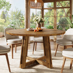 47.3-Inch Solid Wood Round Dining Table for 4-6 People, Farmhouse Kitchen Table with Cross-Shaped Base for Dining Room
