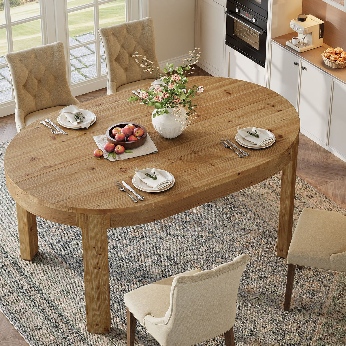 55-Inch Farmhouse Oval Dining Table, Solid Wood Kitchen Table for 4 in Small Spaces