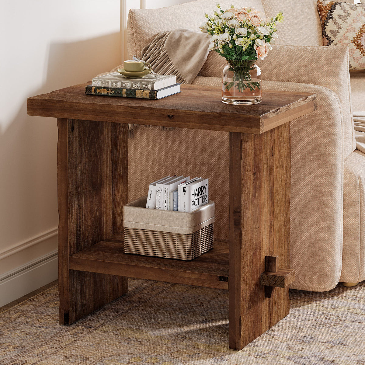 23.62 Inch Solid Wood Side Table with 2-Tier Storage, Farmhouse End Table for Bedroom