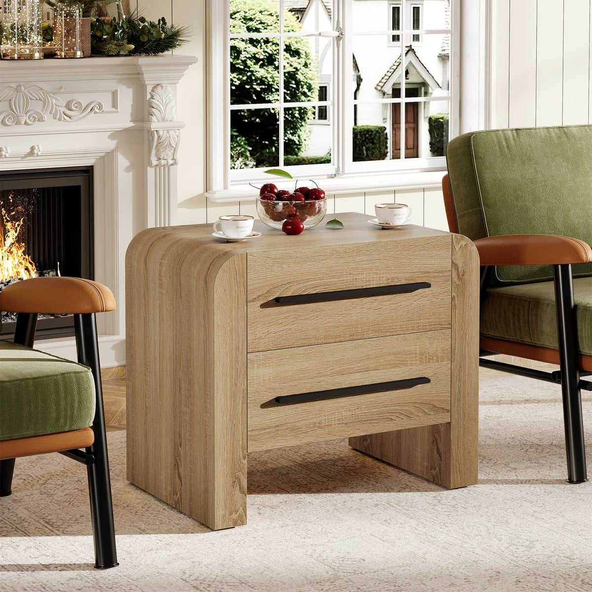 27.55 Inch 2-Drawer Nightstand with Curved Edges, Modern Bedside Table for Bedroom