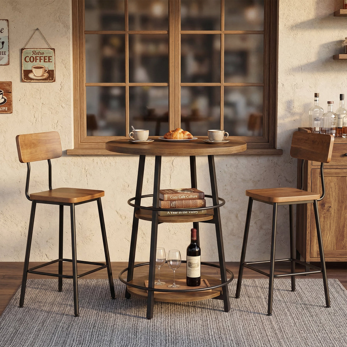 35.4-Inch Round Bar Table, Counter Height Pub Table with Storage Shelves for Kitchen and Small Spaces