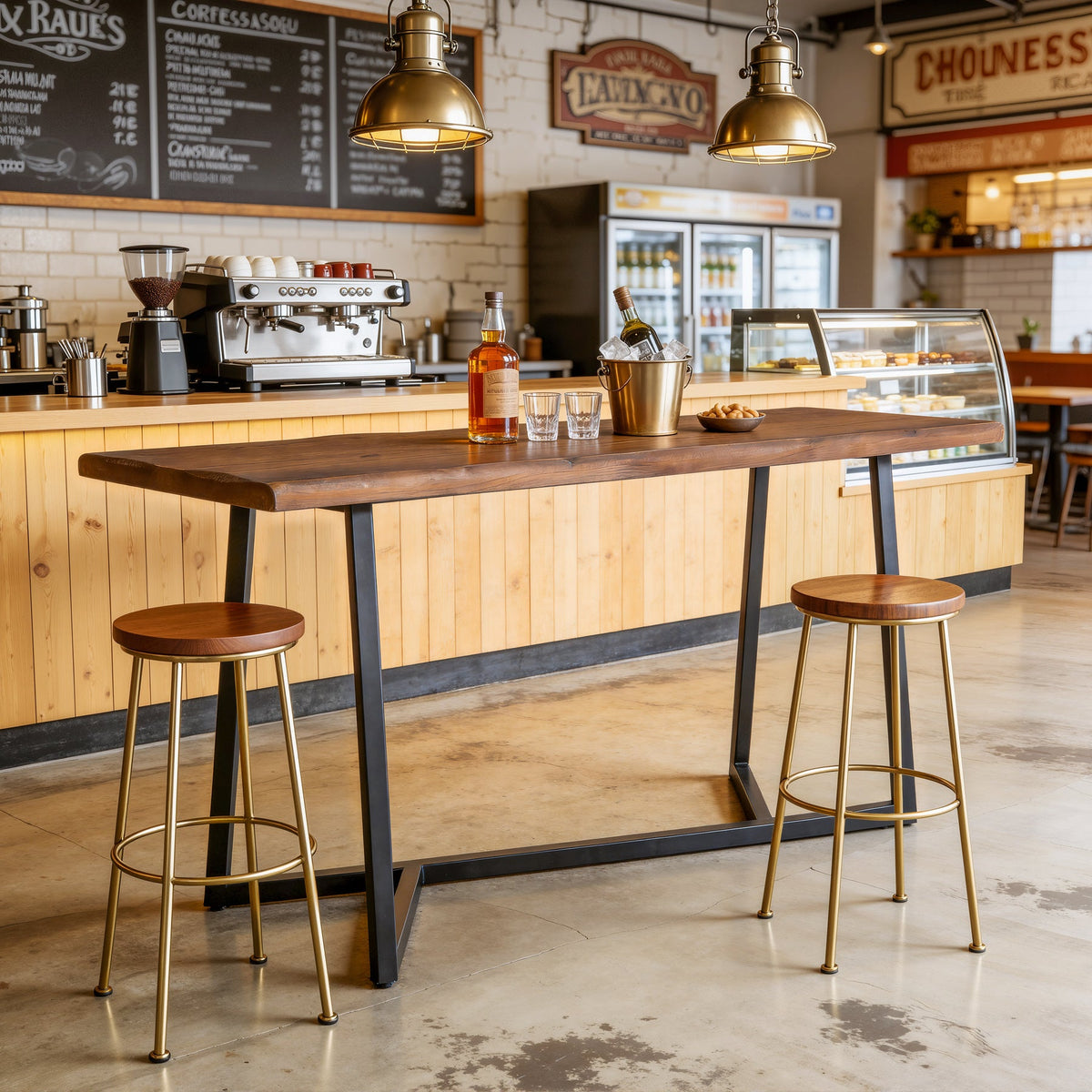 63-Inch Solid Wood Bar Table with Metal Frame, Counter Height Pub Table for Kitchen