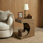11.8-Inch Wide Solid Wood C-Shaped Side Table with 2-Tier Storage Shelf
