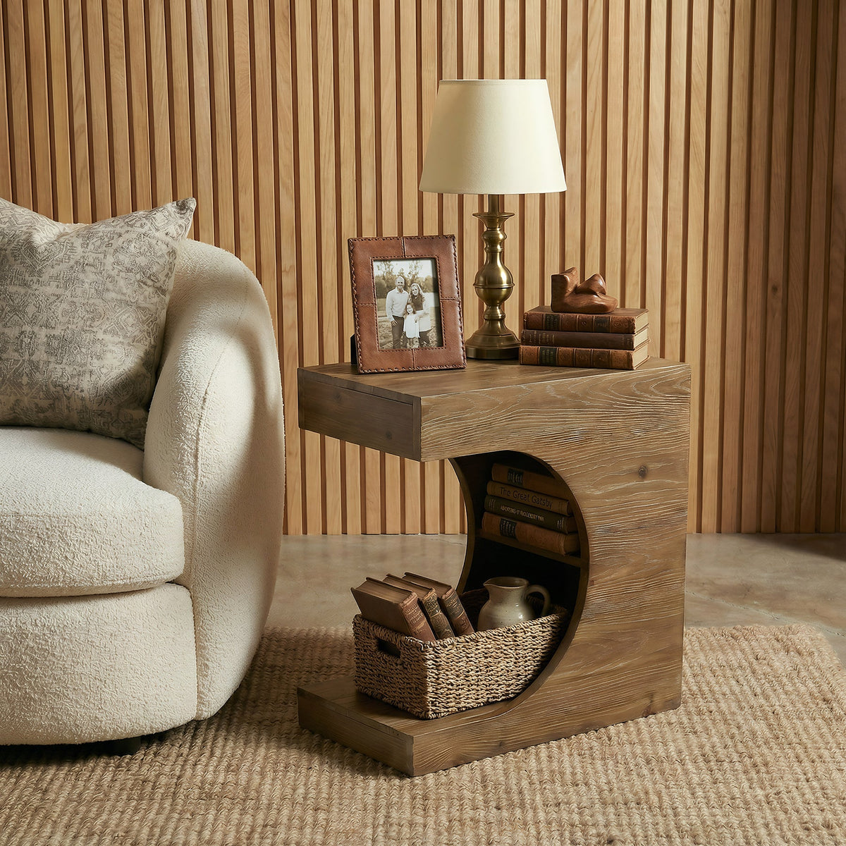11.8-Inch Wide Solid Wood C-Shaped Side Table with 2-Tier Storage Shelf