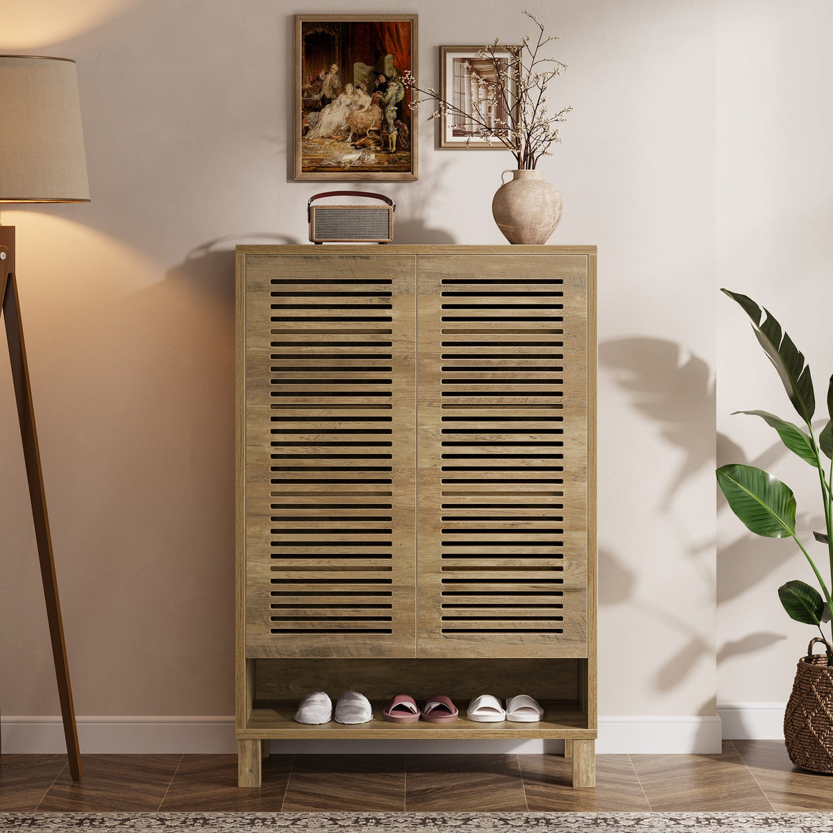 Free-Standing Shoe Cabinet, Narrow Farmhouse Wooden Organizer with 6 Shelves