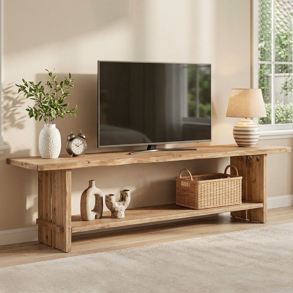 71 Inch Solid Wood TV Stand with 2-Tier Storage, Media Console for 55 to 85 Inch TVs
