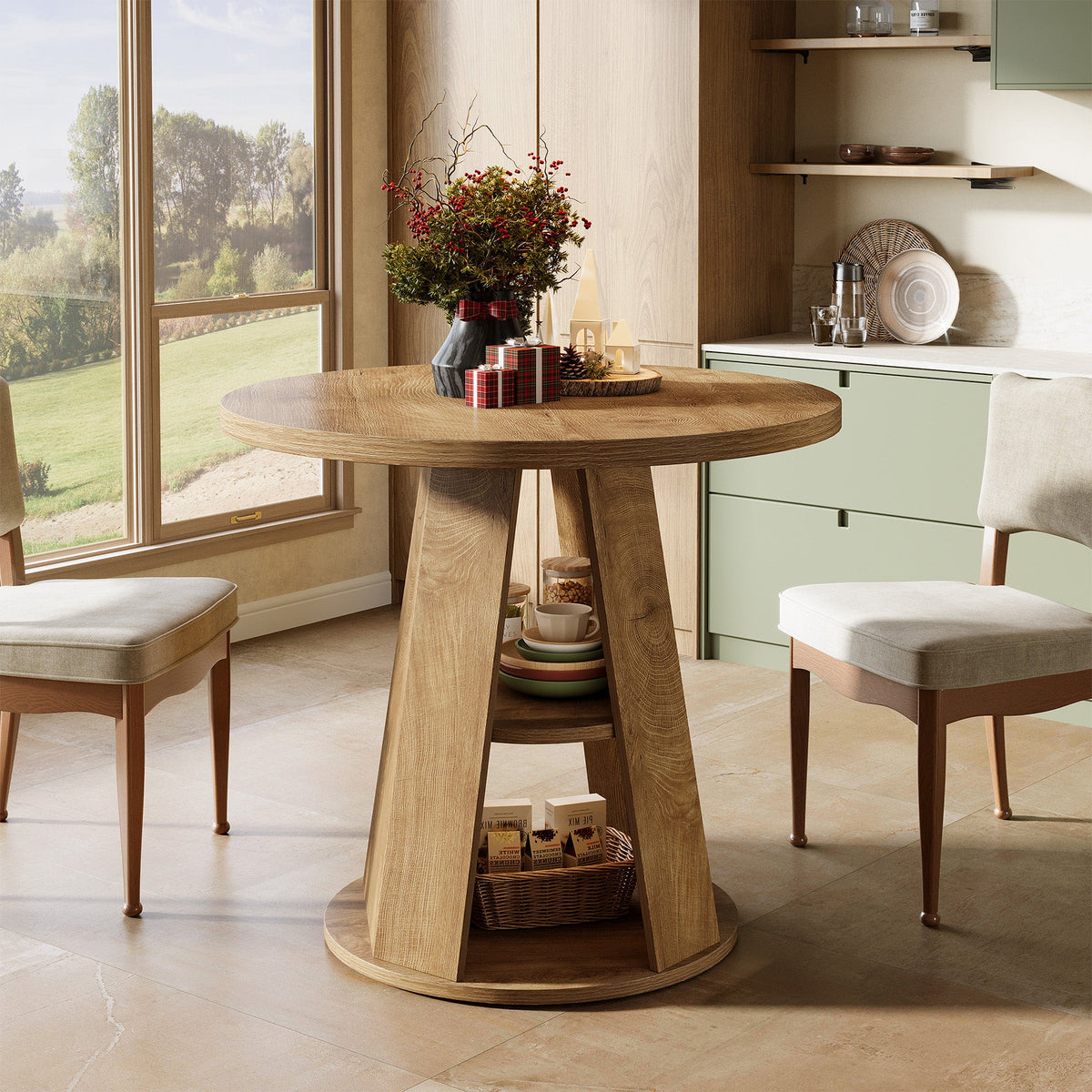 31.5-Inch Round Dining Table for 2-4, Space-Saving Farmhouse Kitchen Table with 2-Tier Storage Shelf for Small Spaces